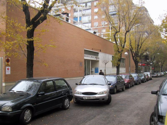 Side view of the Municipal Public Library Dámaso Alonso in Madrid, Spain