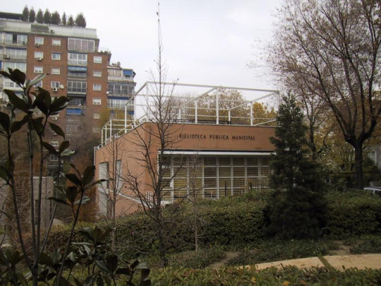 Front view of the Municipal Public Library Dámaso Alonso in Madrid, Spain