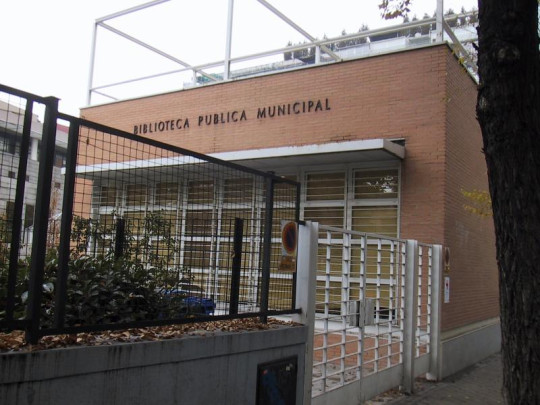Front view of the Municipal Public Library Dámaso Alonso in Madrid, Spain