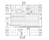 First Floor Plan: Library closed access stacks are situated between the buildings.