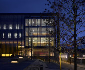 Night view: Front of the building, with reading rooms in centre of shot