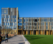 Main facade: On the top left hand corner you can see how the University Crest is displayed within the design of the building.