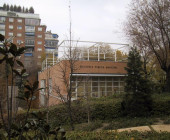 Front view of the Municipal Public Library Dámaso Alonso in Madrid, Spain