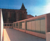 Terrace roof of the State Public Library in Palma de Mallorca, Spain. The church of Santa Creu on the background